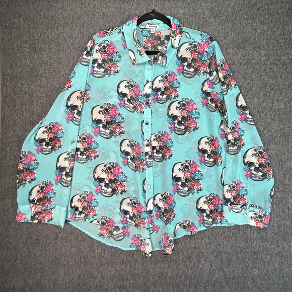 Skull Bongo Plus Blue Sheer Gold Button Top Sz 2X Halloween Day Of The Dead - Picture 3 of 16